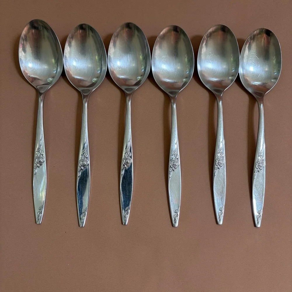 West Bend Twilight Rose Stainless Steel Spoons Set 6 Tablespoons 1 Soup Spoon